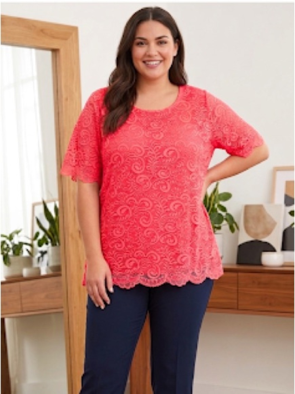 Jessica London Women's Lace Overlay Scoop Neck Top - Coral Pink Size 26/28